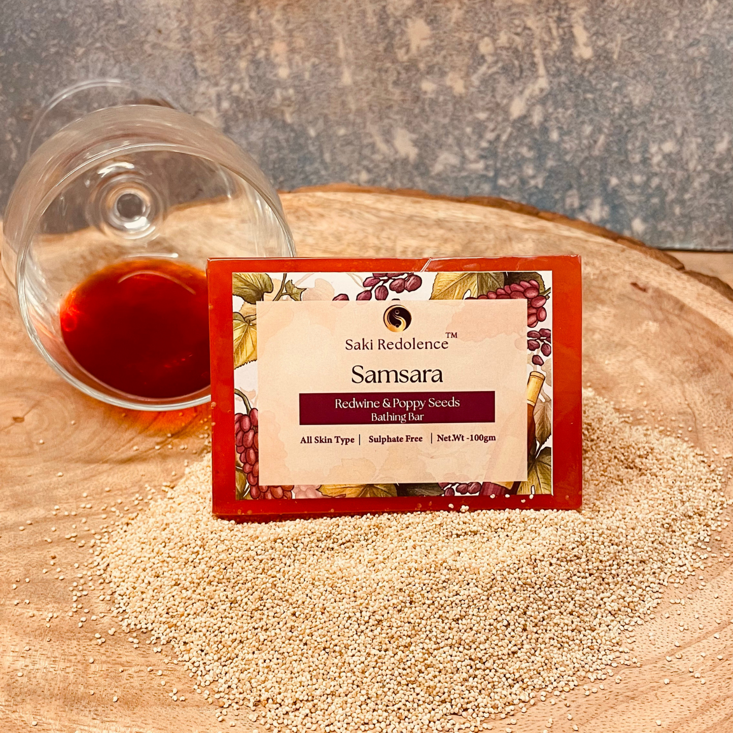 Samsara Redwine & Poppy Seeds Soap โ Antioxidant-Rich Soap with Red wine & Exfoliating Poppy Seeds(100gm)